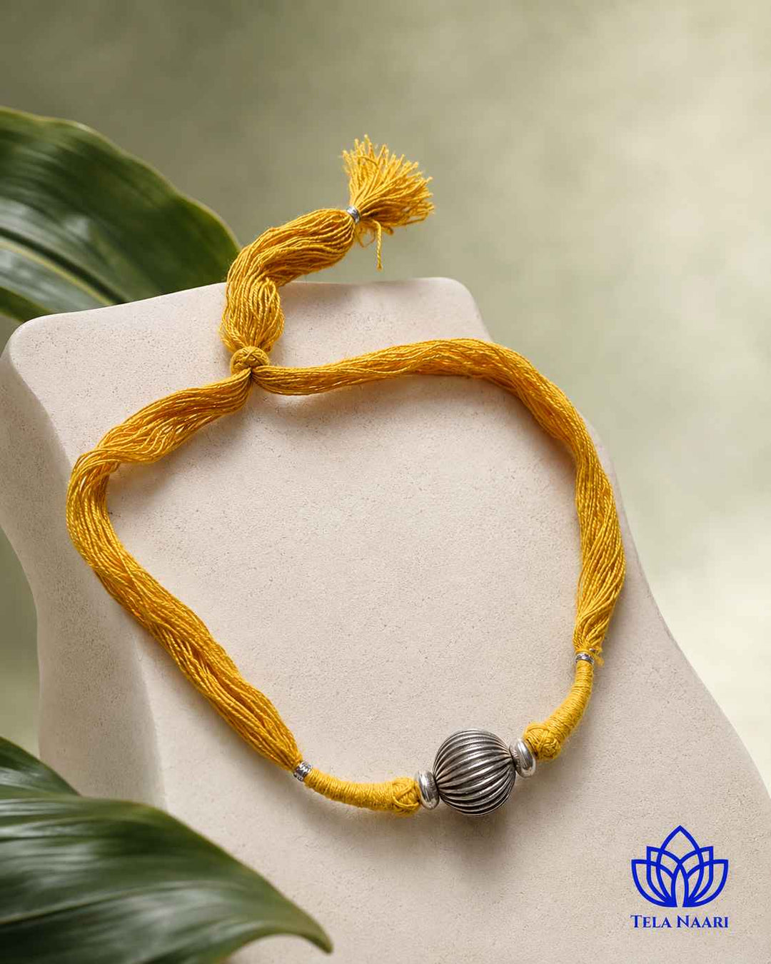 Mridula Silver Plated Single Ball Yellow Thread Choker Necklace