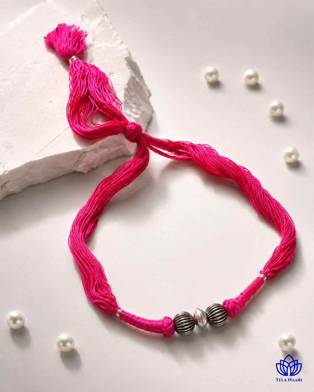 Megha Silver Plated 2 balls Pink Thread Choker Necklace