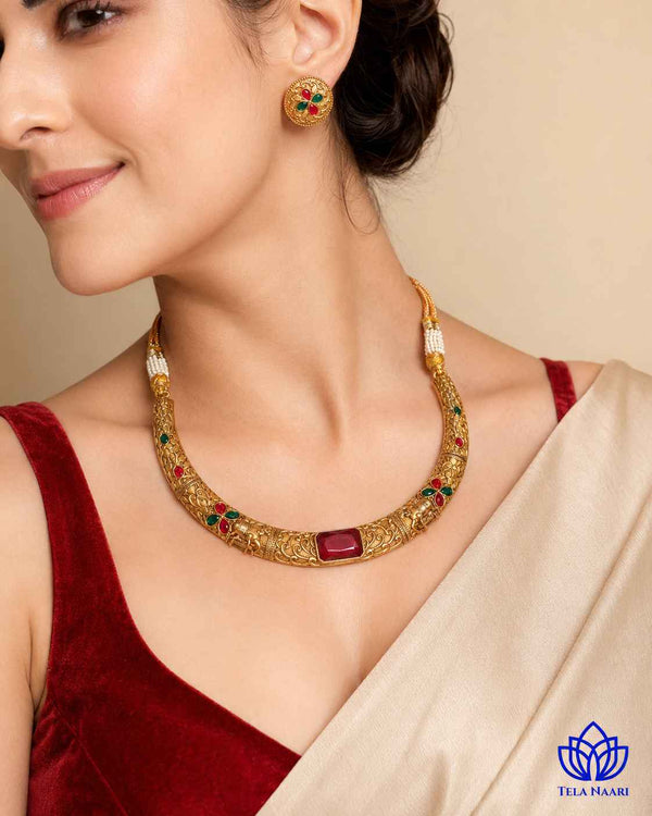 Nandita Gold Plated Red Green Stone Hasli Necklace Set