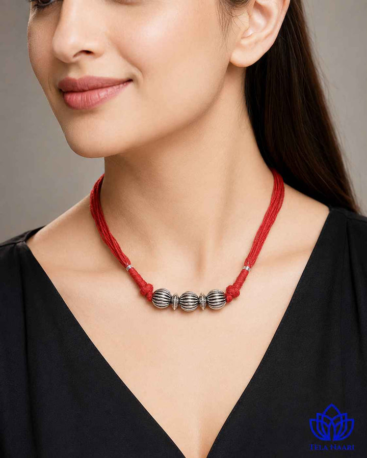 Leela Silver Plated Red Thread Choker Necklace