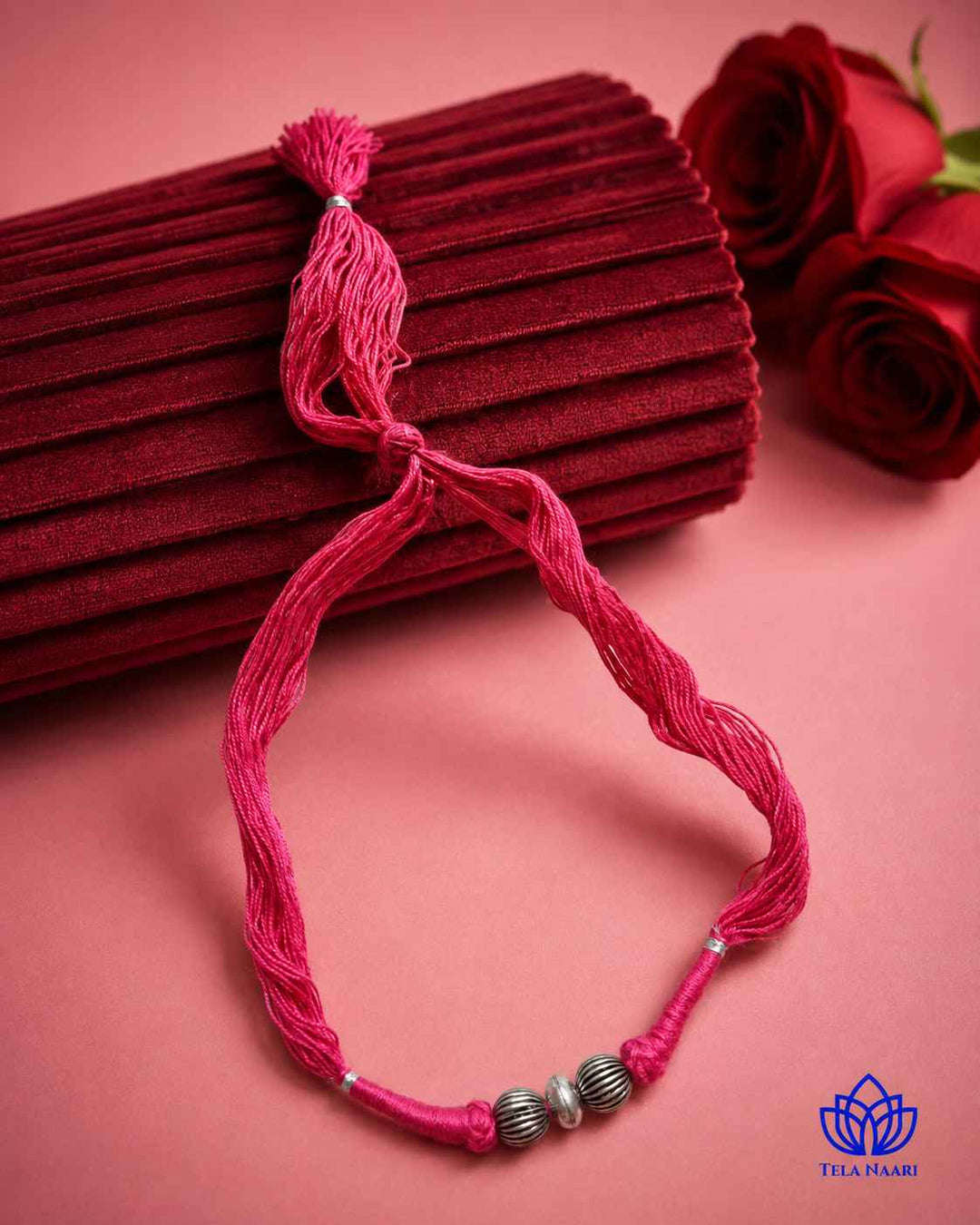 Megha Silver Plated 2 balls Pink Thread Choker Necklace