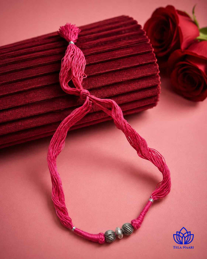 Megha Silver Plated 2 balls Pink Thread Choker Necklace