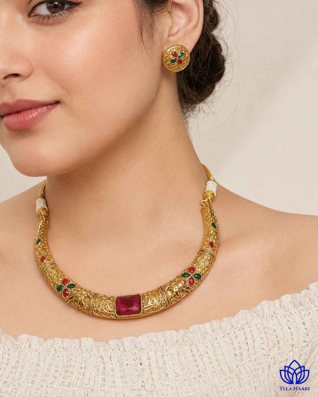 Nandita Gold Plated Red Green Stone Hasli Necklace Set