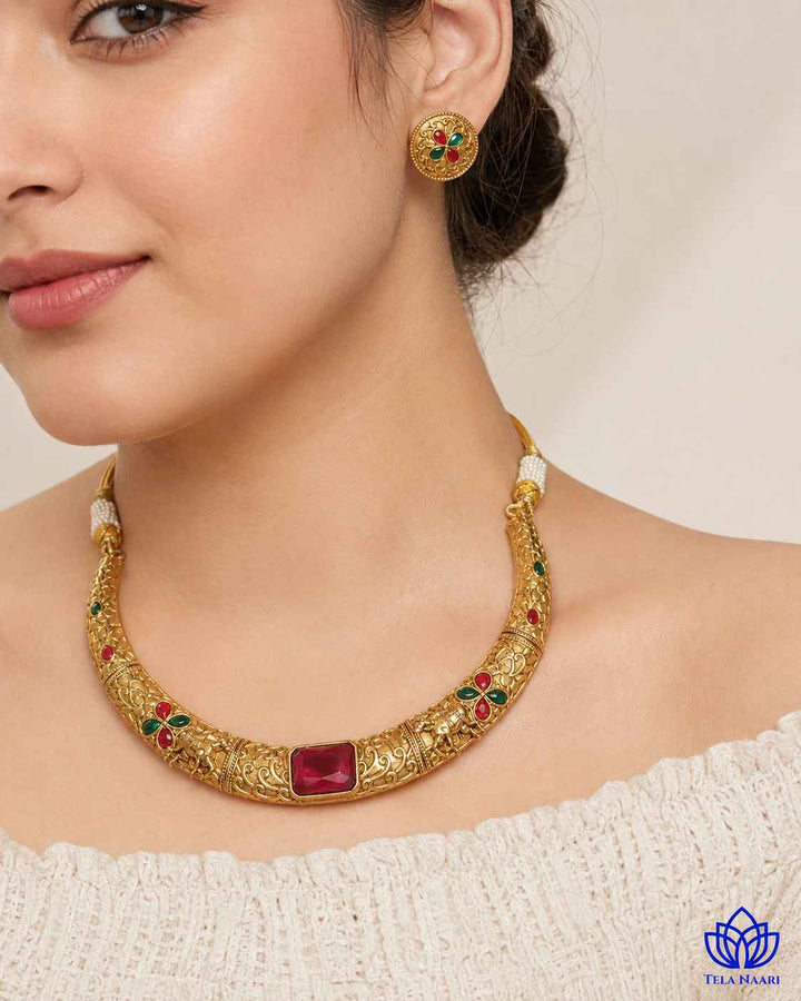 Nandita Gold Plated Red Green Stone Hasli Necklace Set