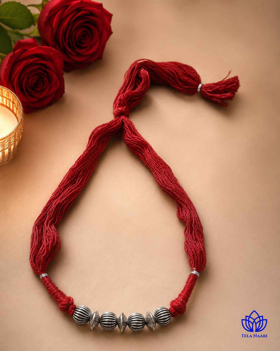Madhuri Silver Plated Maroon Thread Choker Necklace