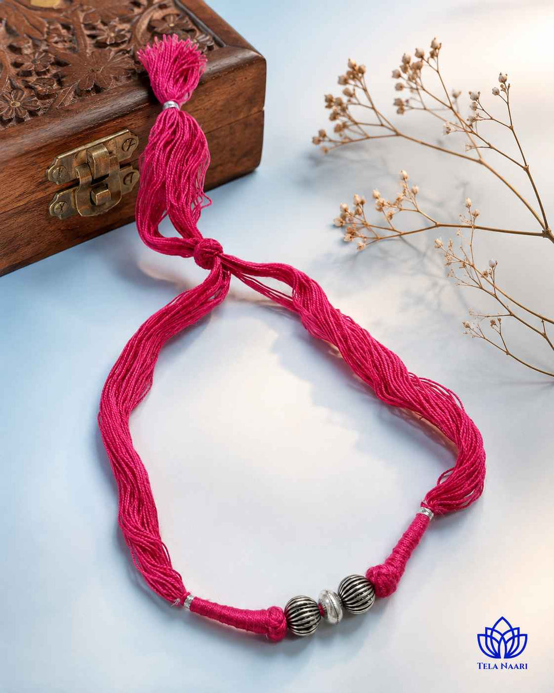 Megha Silver Plated 2 balls Pink Thread Choker Necklace