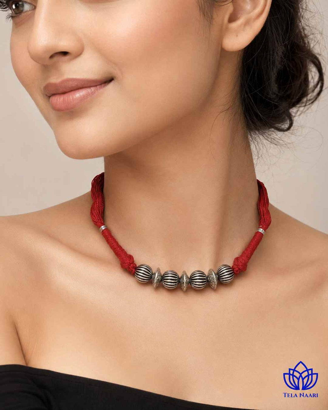 Madhuri Silver Plated Maroon Thread Choker Necklace