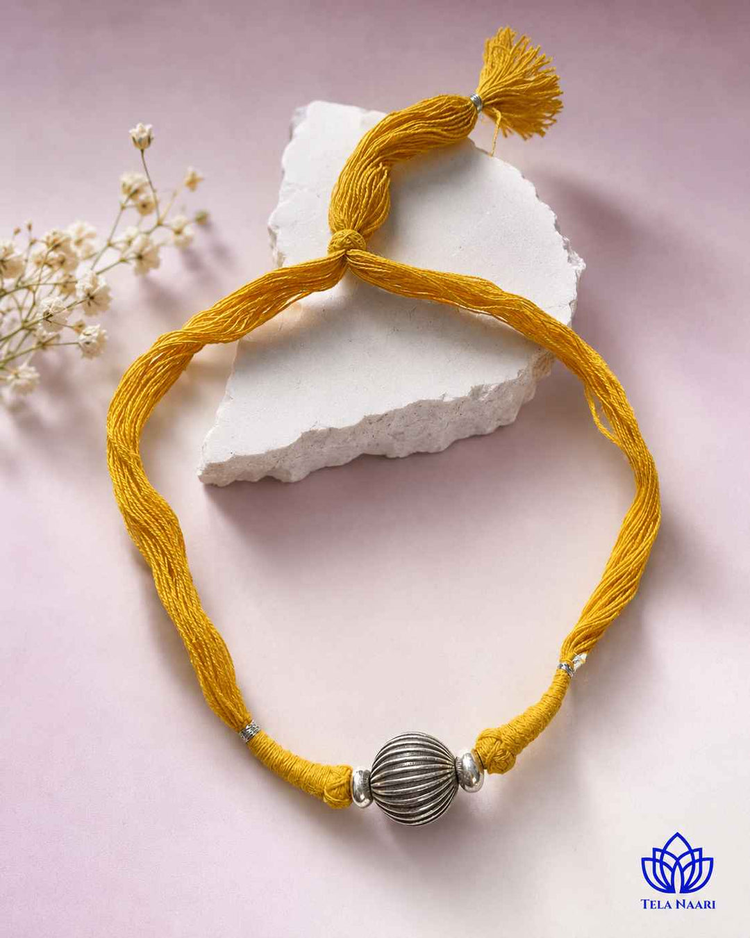Mridula Silver Plated Single Ball Yellow Thread Choker Necklace