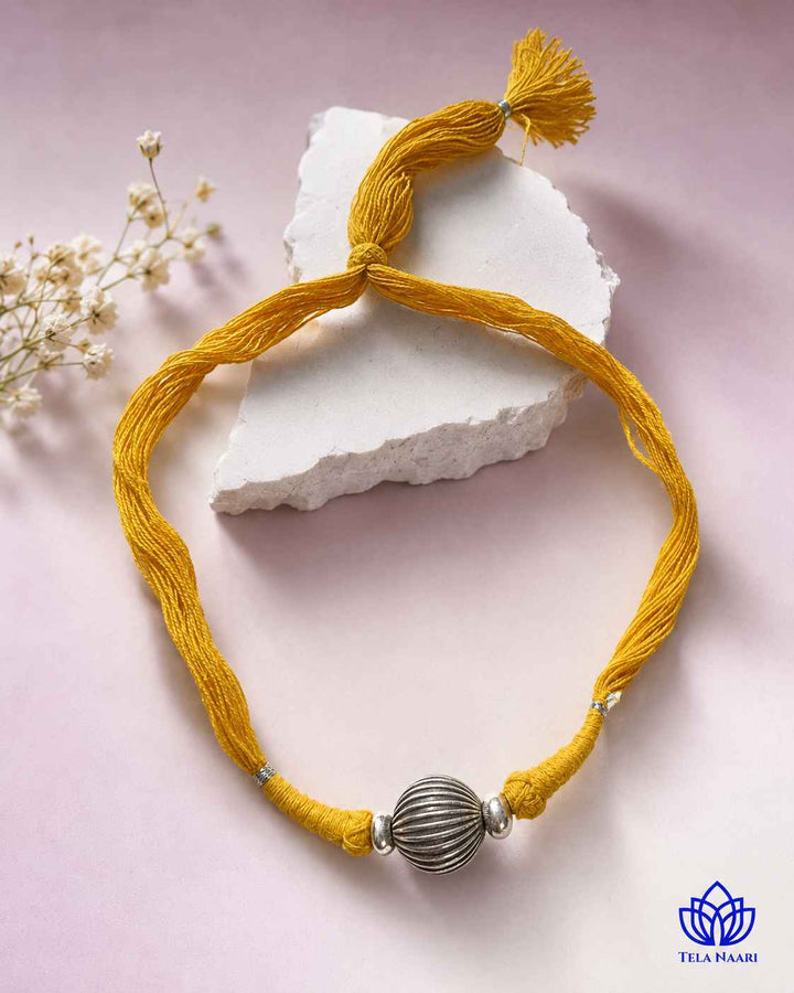 Mridula Silver Plated Single Ball Yellow Thread Choker Necklace