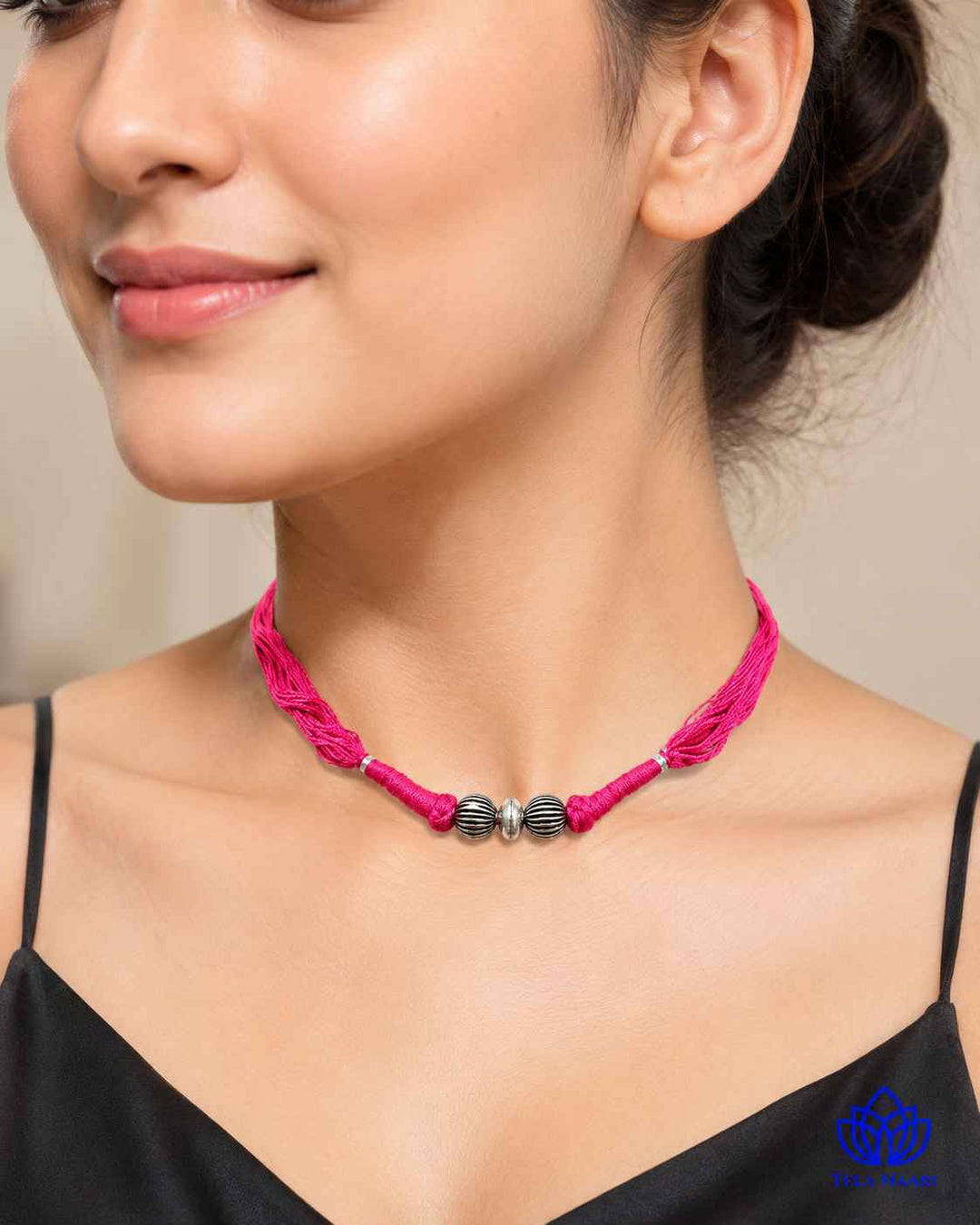 Megha Silver Plated 2 balls Pink Thread Choker Necklace
