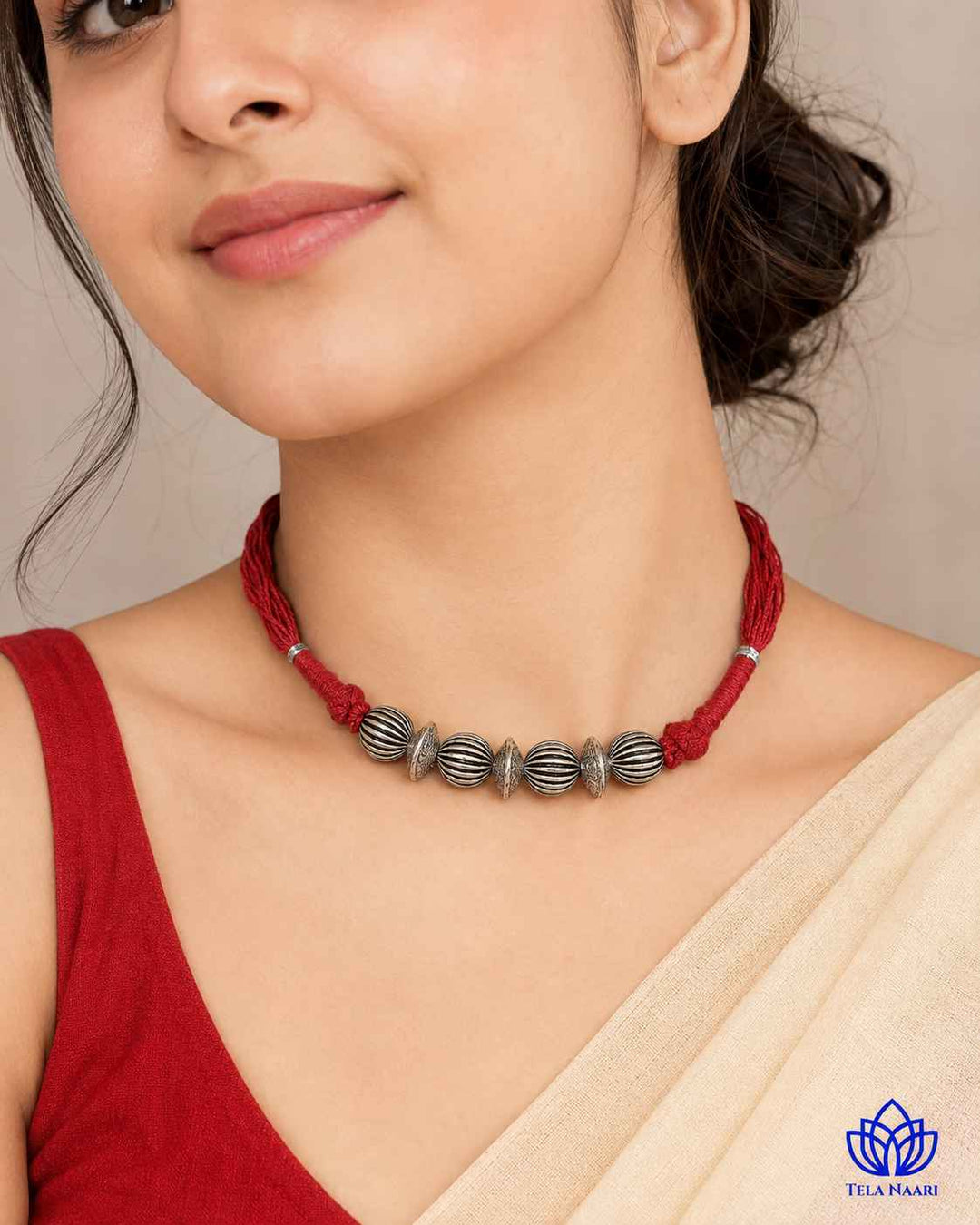 Madhuri Silver Plated Maroon Thread Choker Necklace
