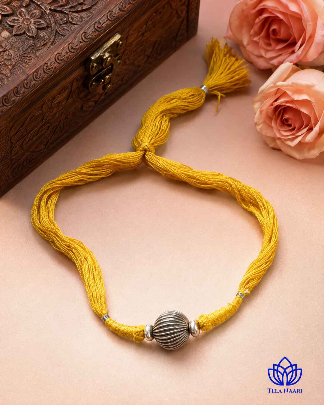 Mridula Silver Plated Single Ball Yellow Thread Choker Necklace