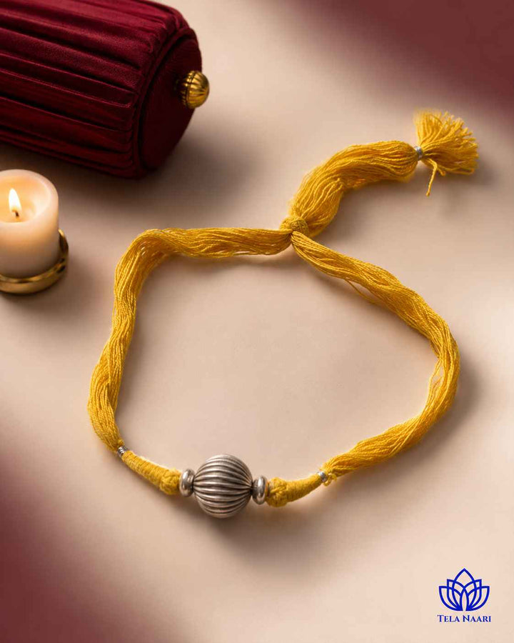 Mridula Silver Plated Single Ball Yellow Thread Choker Necklace