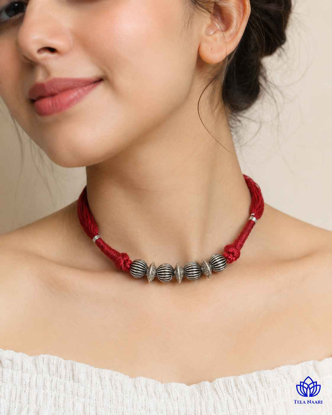 Madhuri Silver Plated Maroon Thread Choker Necklace