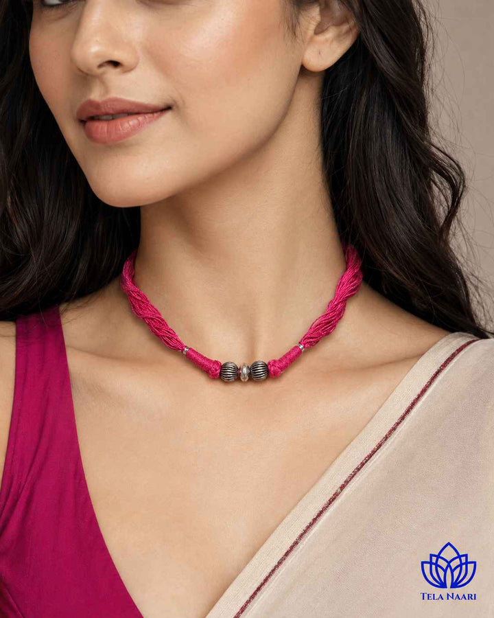 Megha Silver Plated 2 balls Pink Thread Choker Necklace