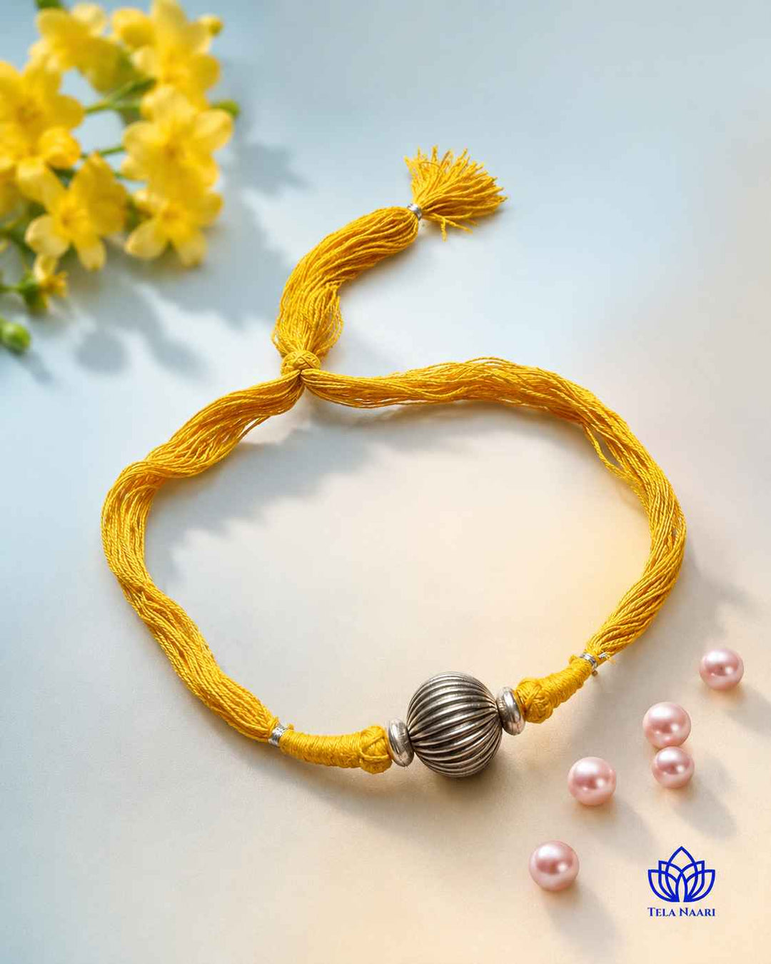 Mridula Silver Plated Single Ball Yellow Thread Choker Necklace