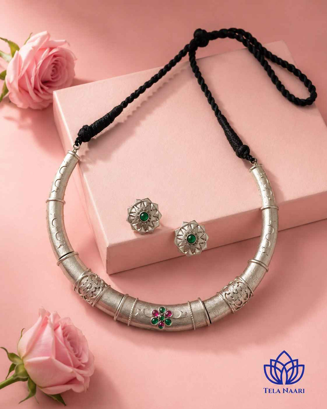 Nalini Silver Plated Red Green Stone Hasli Necklace Set