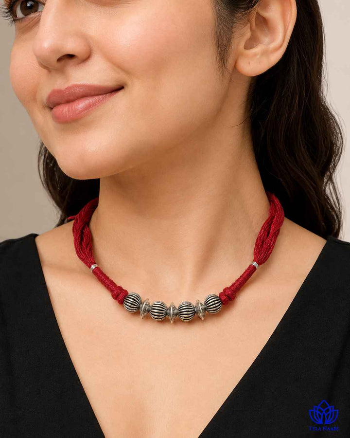 Madhuri Silver Plated Maroon Thread Choker Necklace