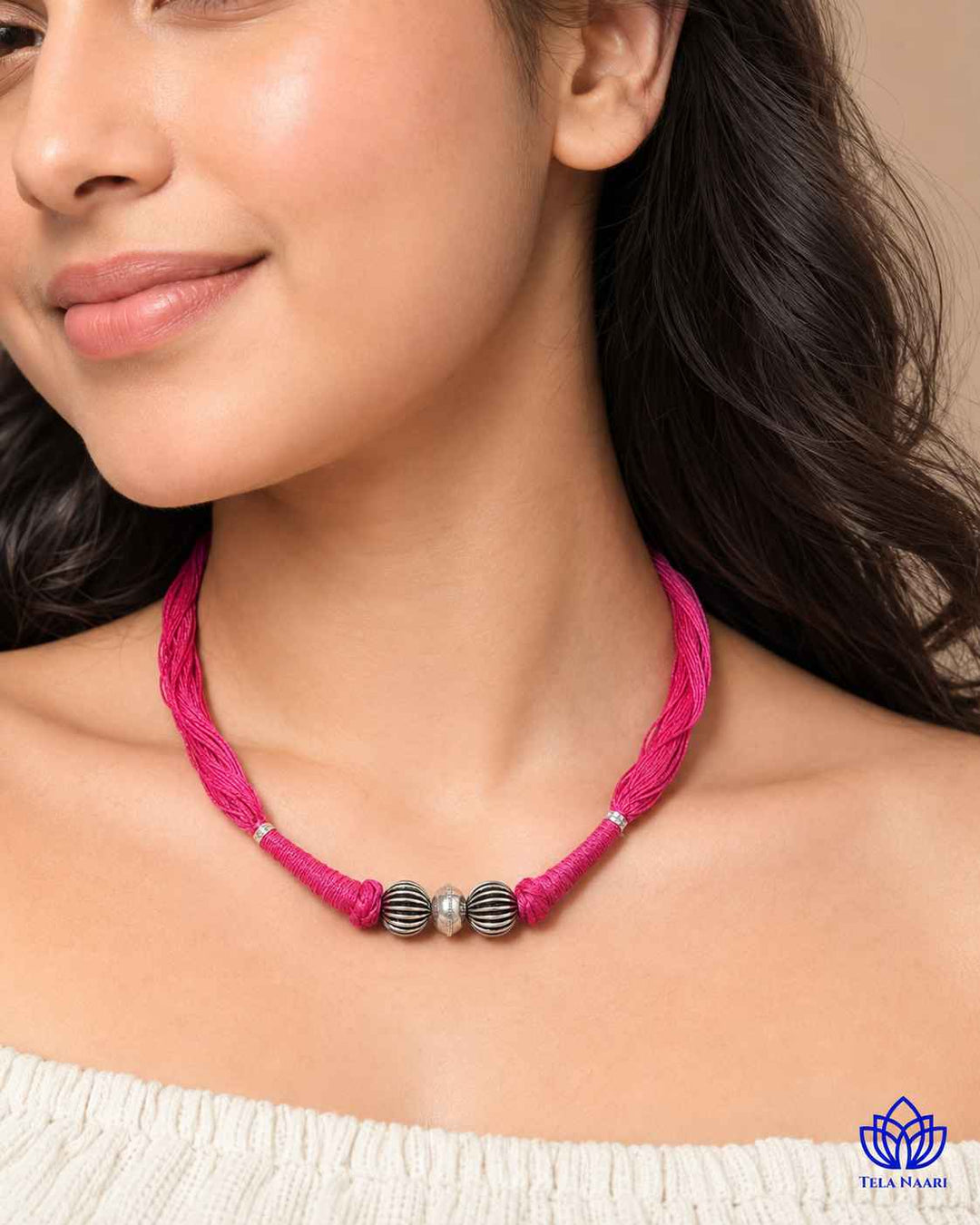 Megha Silver Plated 2 balls Pink Thread Choker Necklace