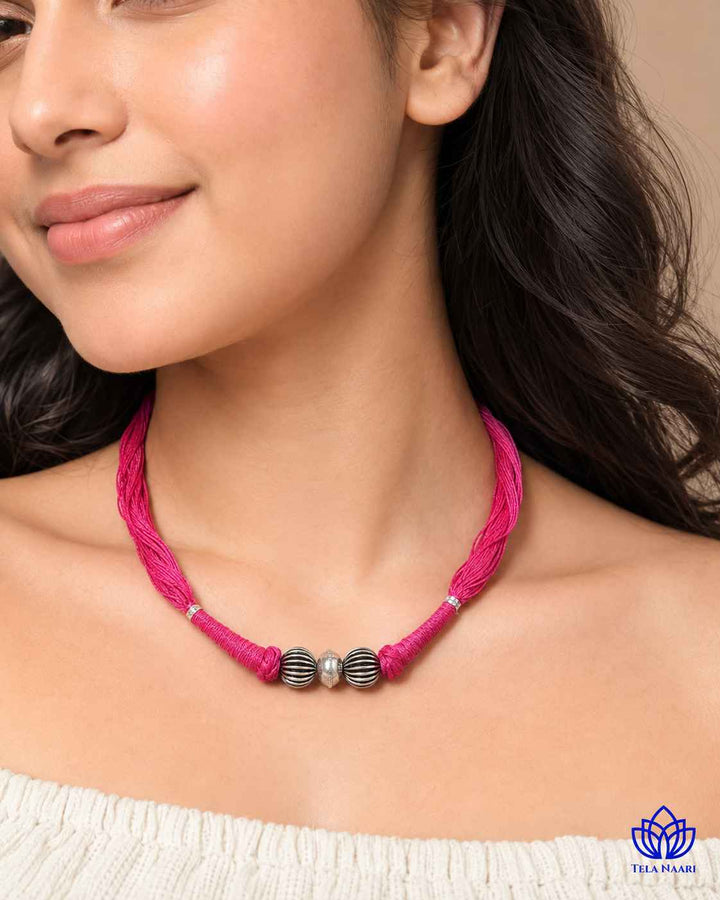 Megha Silver Plated 2 balls Pink Thread Choker Necklace