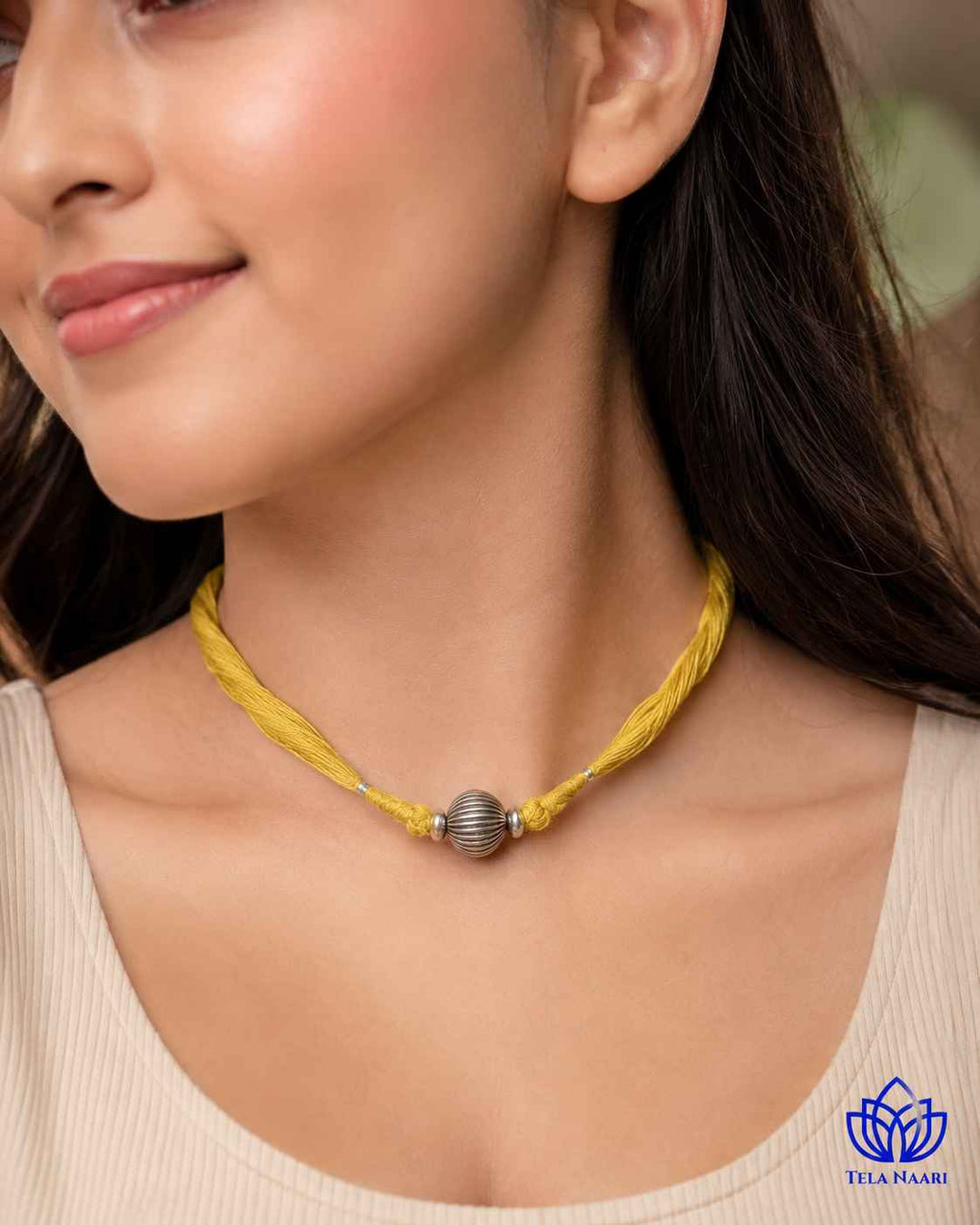 Mridula Silver Plated Single Ball Yellow Thread Choker Necklace