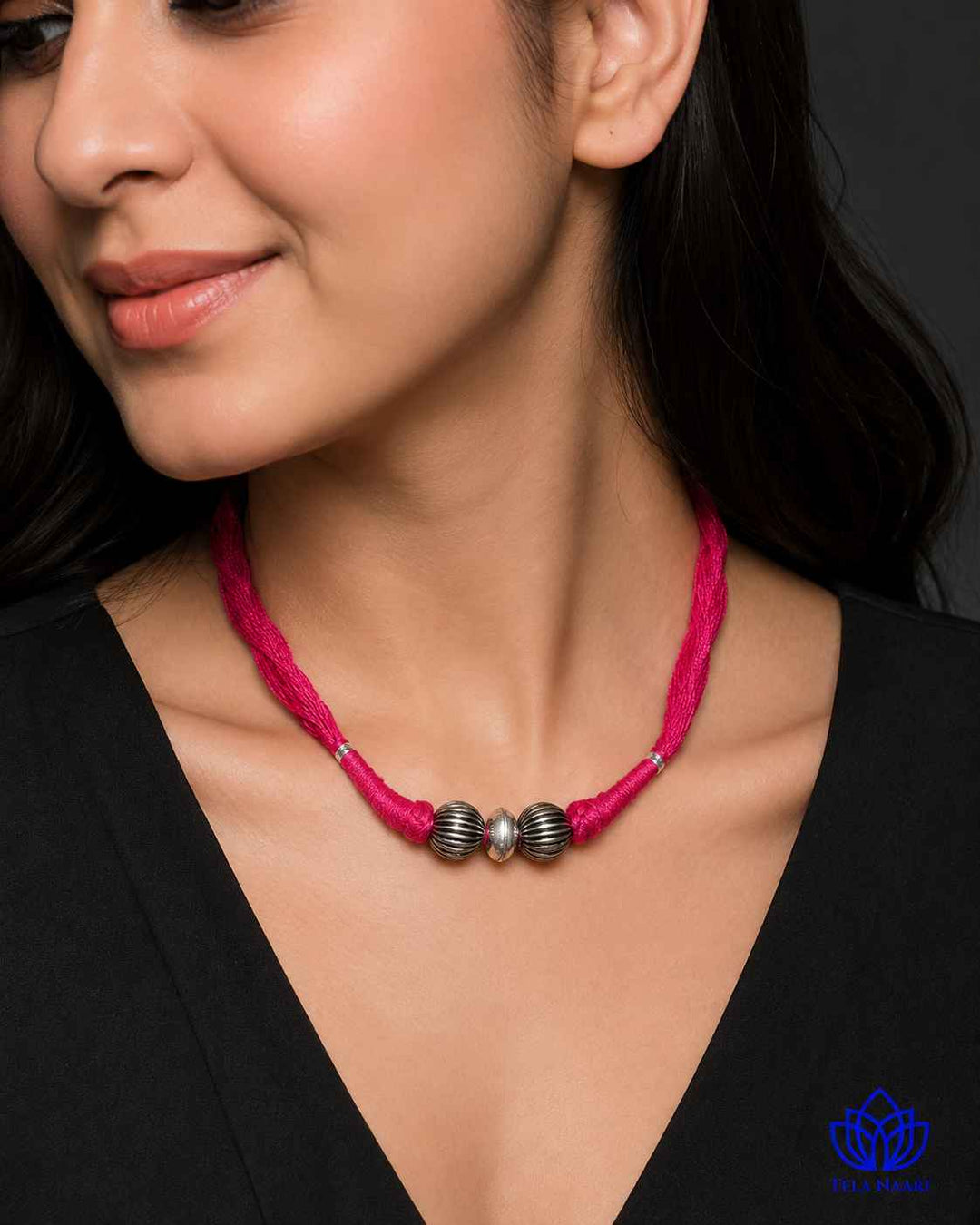 Megha Silver Plated 2 balls Pink Thread Choker Necklace