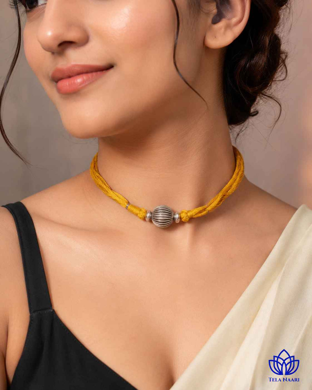 Mridula Silver Plated Single Ball Yellow Thread Choker Necklace