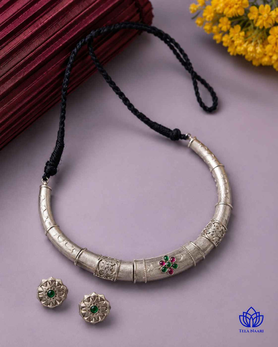 Nalini Silver Plated Red Green Stone Hasli Necklace Set