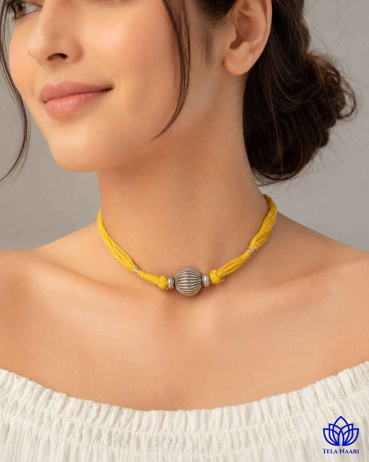 Mridula Silver Plated Single Ball Yellow Thread Choker Necklace