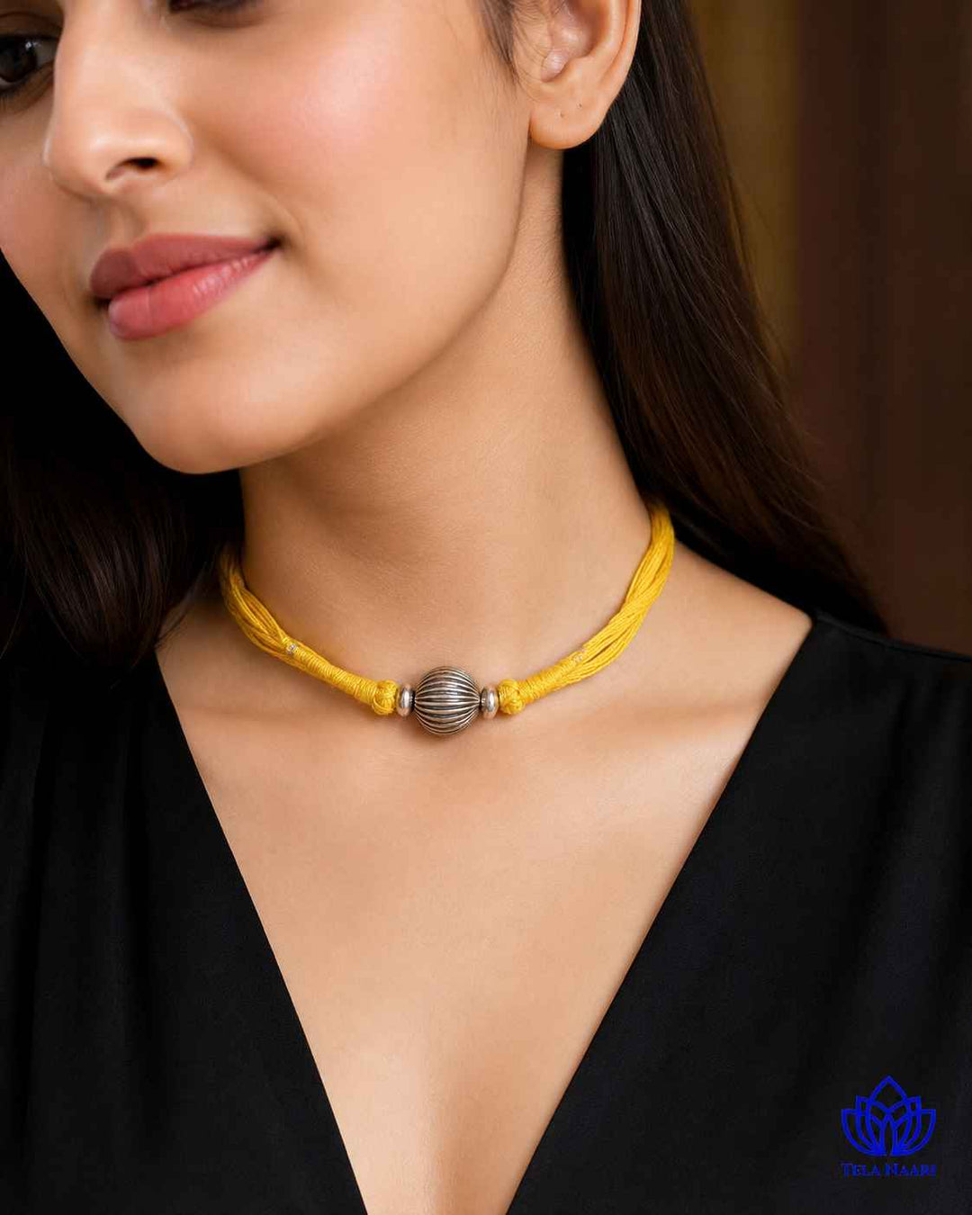 Mridula Silver Plated Single Ball Yellow Thread Choker Necklace