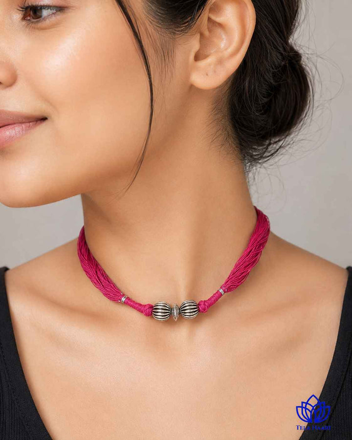Maya Silver Plated Pink Thread Choker Necklace