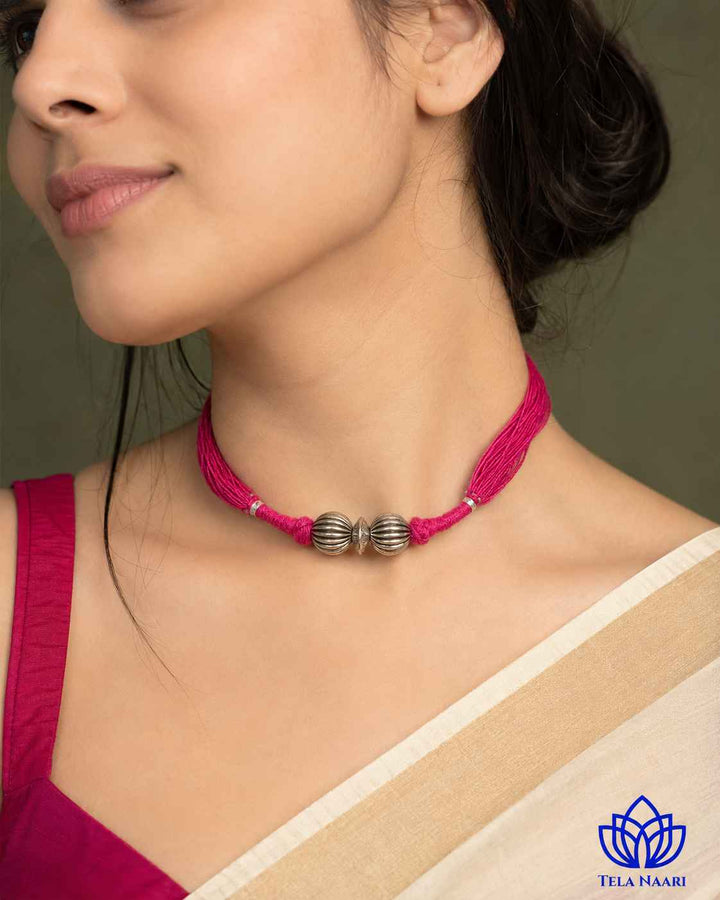 Maya Silver Plated Pink Thread Choker Necklace