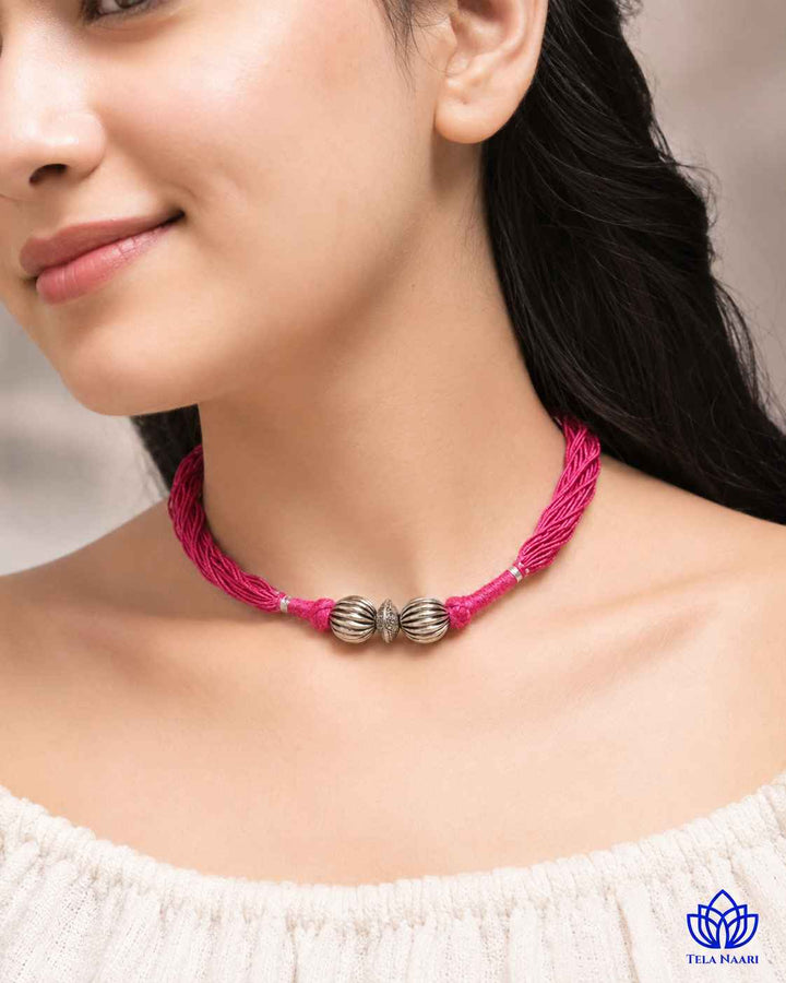 Maya Silver Plated Pink Thread Choker Necklace