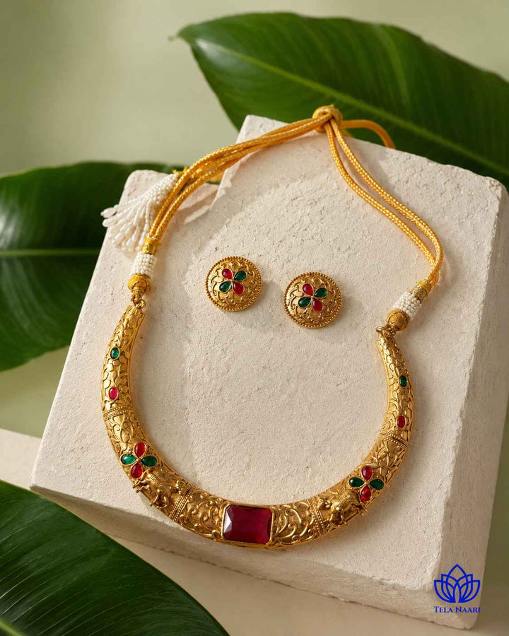 Nandita Gold Plated Red Green Stone Hasli Necklace Set