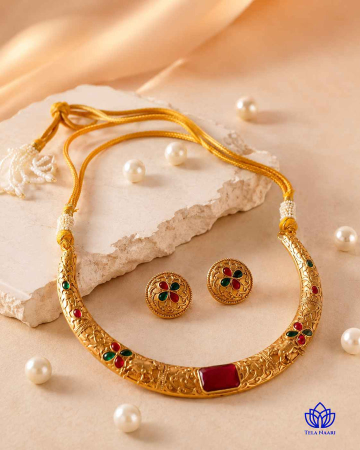 Nandita Gold Plated Red Green Stone Hasli Necklace Set
