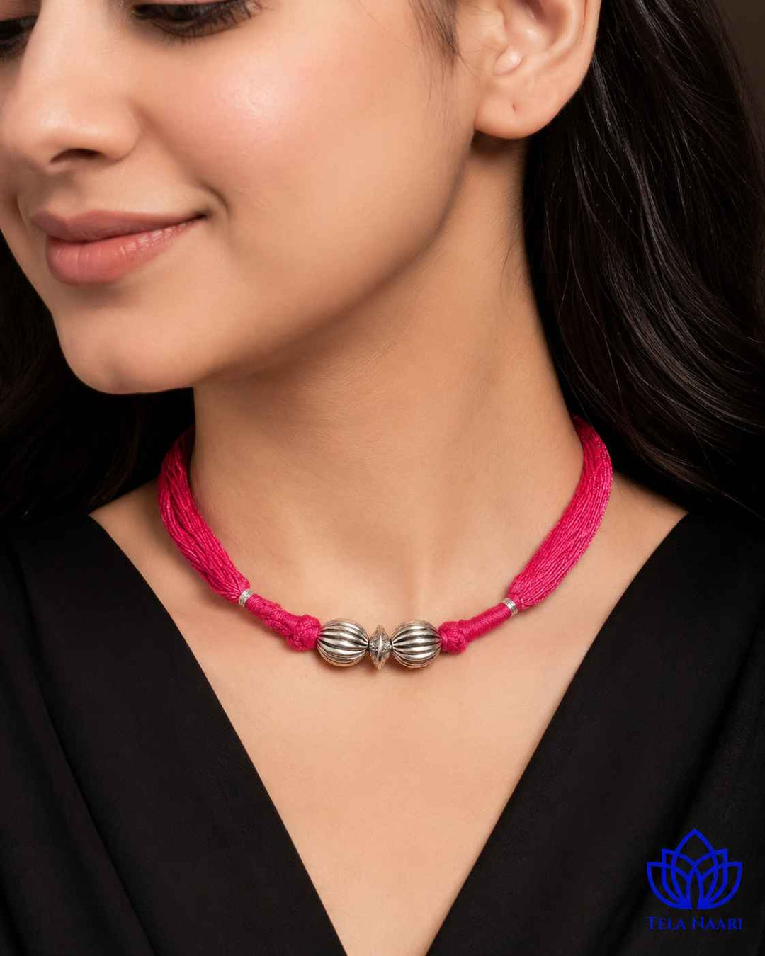 Maya Silver Plated Pink Thread Choker Necklace