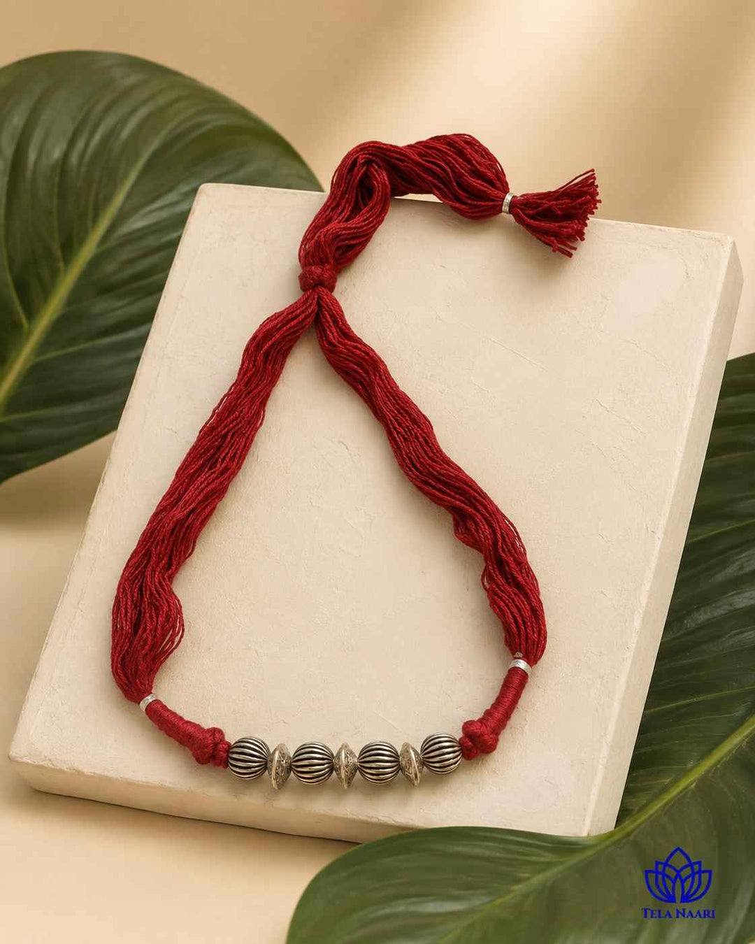 Madhuri Silver Plated Maroon Thread Choker Necklace