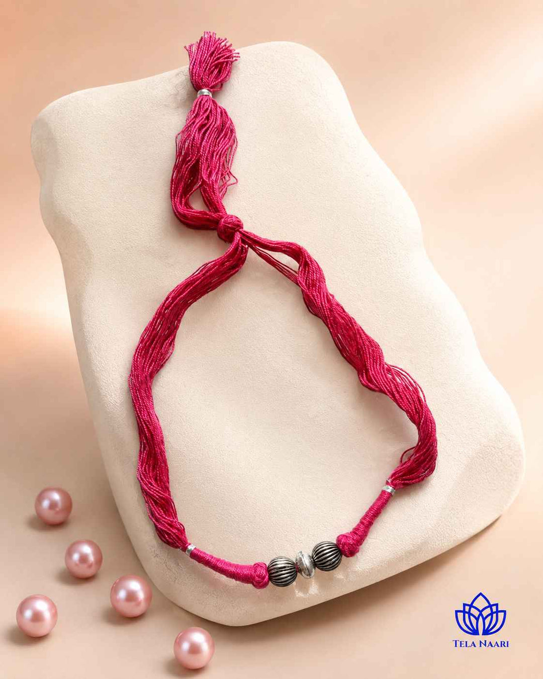 Megha Silver Plated 2 balls Pink Thread Choker Necklace