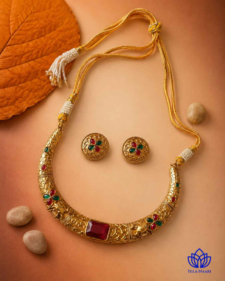 Nandita Gold Plated Red Green Stone Hasli Necklace Set
