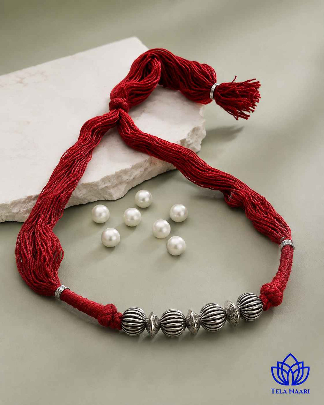 Madhuri Silver Plated Maroon Thread Choker Necklace
