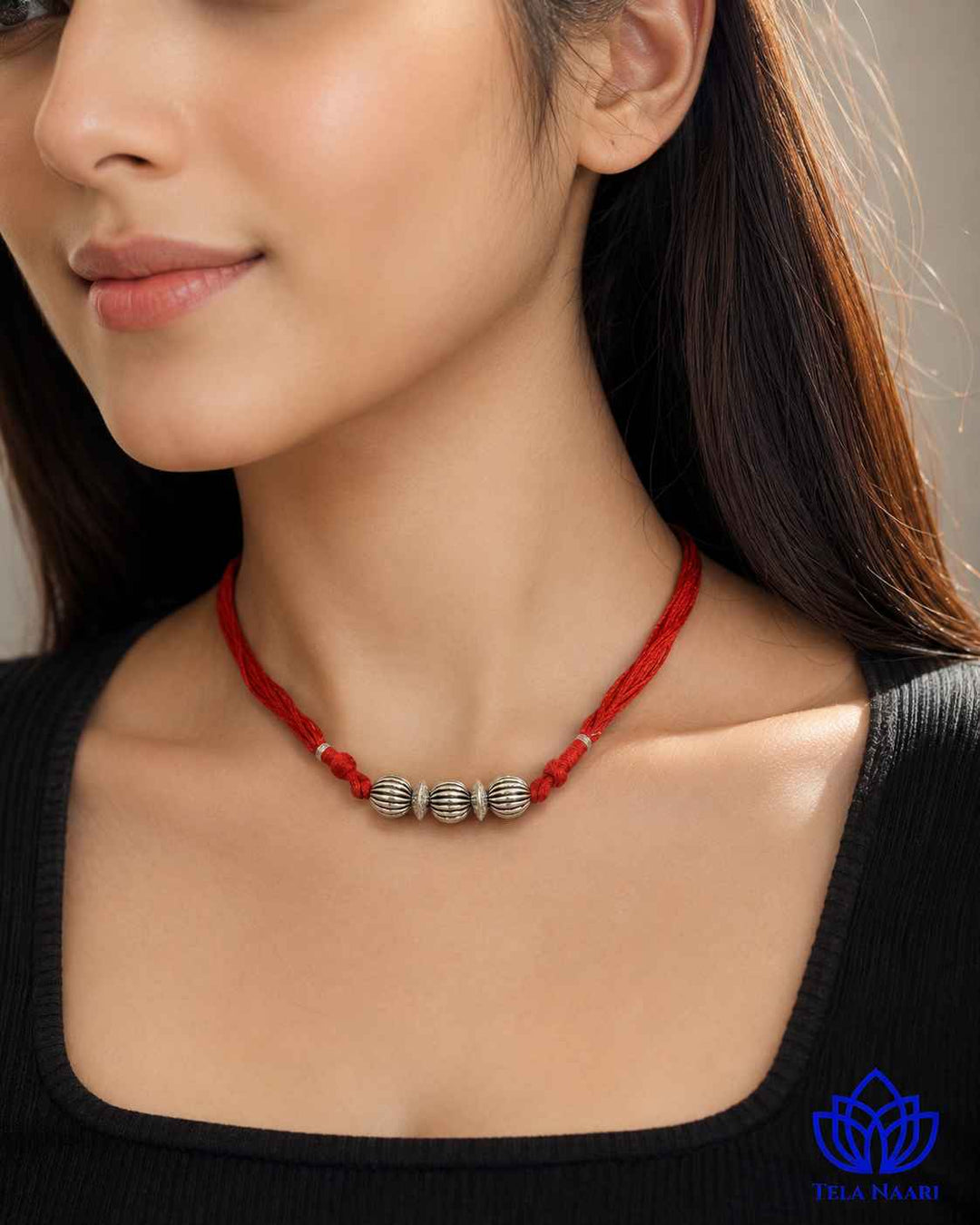 Leela Silver Plated Red Thread Choker Necklace