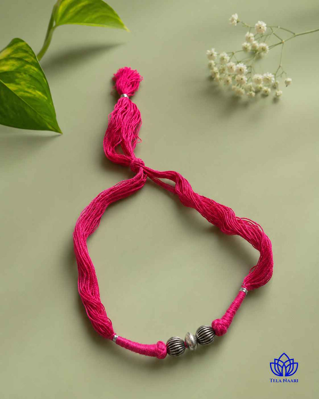Megha Silver Plated 2 balls Pink Thread Choker Necklace