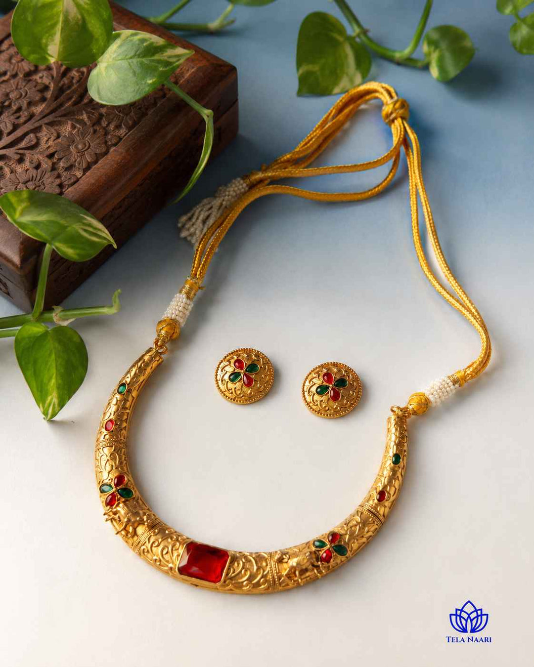 Nandita Gold Plated Red Green Stone Hasli Necklace Set