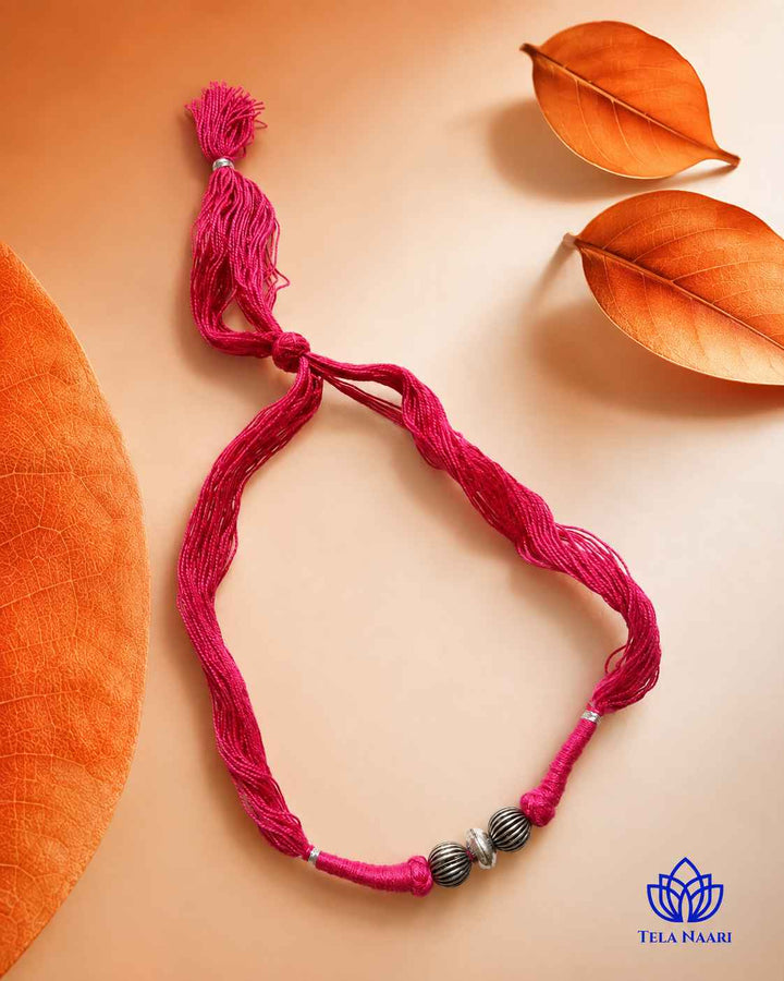 Megha Silver Plated 2 balls Pink Thread Choker Necklace