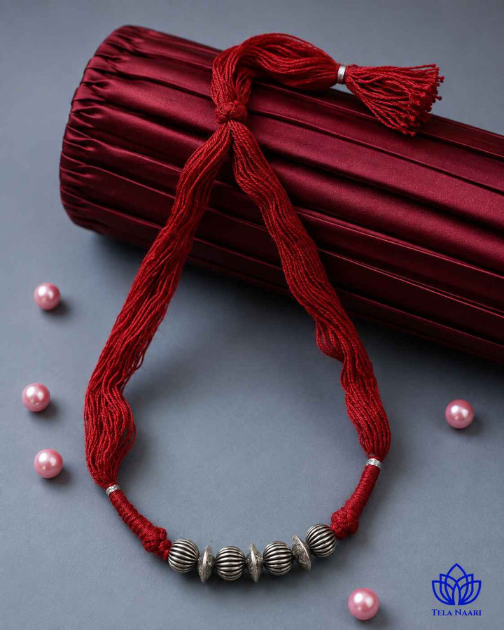 Madhuri Silver Plated Maroon Thread Choker Necklace