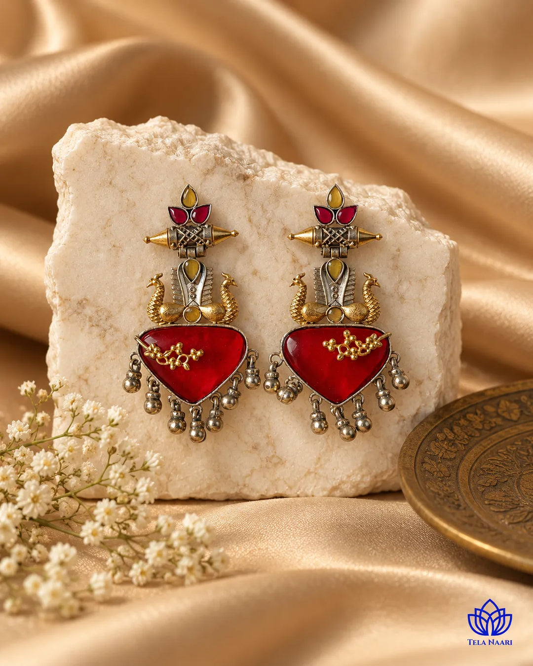 Dhruti Dual Tone Red Silver-Plated Earrings