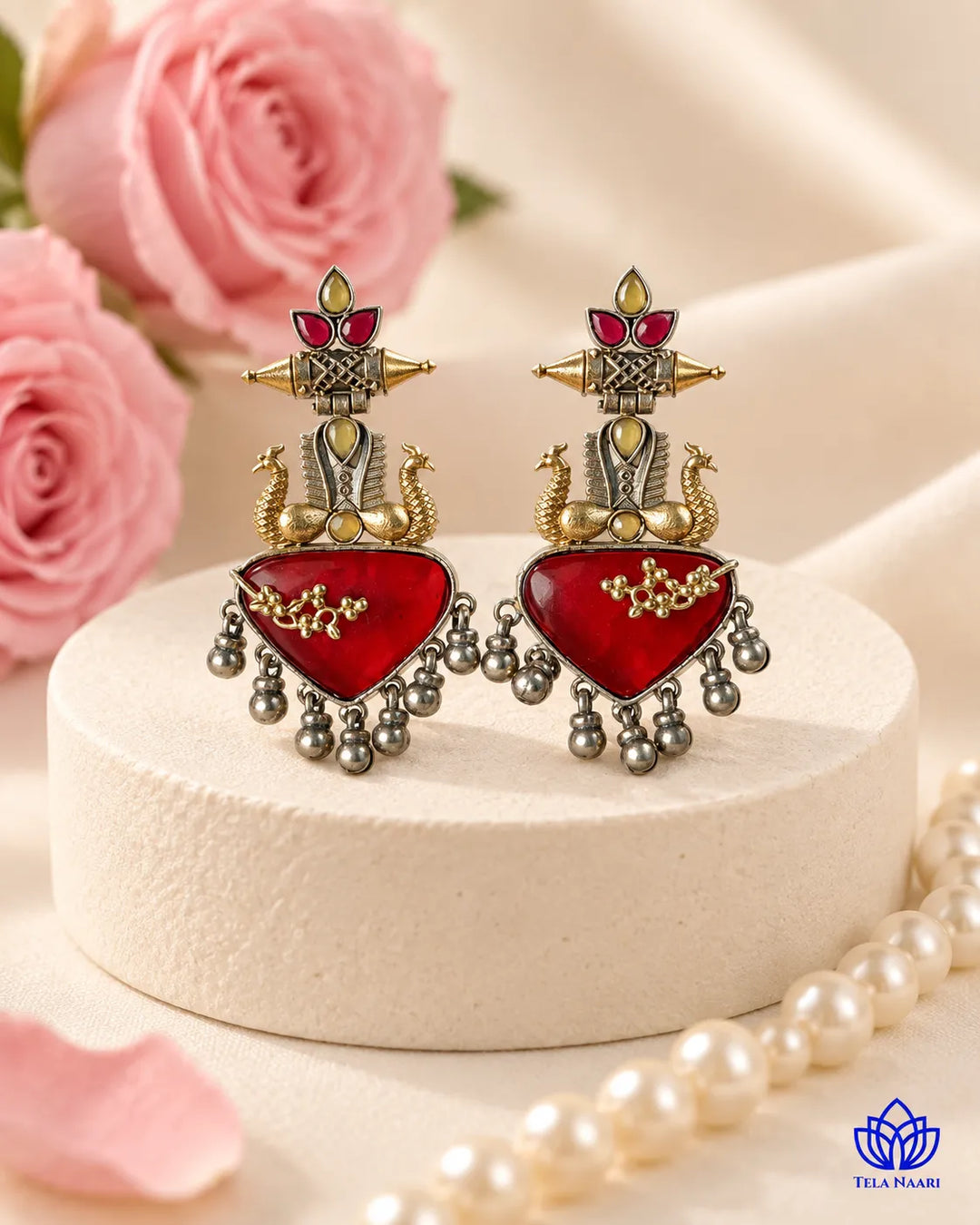 Dhruti Dual Tone Red Silver-Plated Earrings