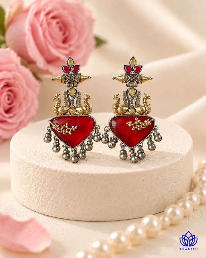 Dhruti Dual Tone Red Silver-Plated Earrings