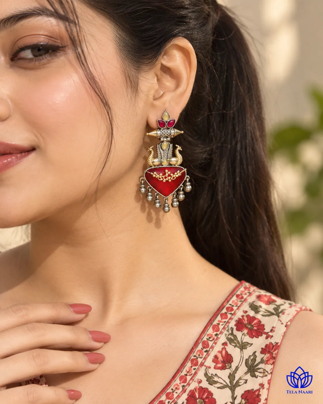 Dhruti Dual Tone Red Silver-Plated Earrings