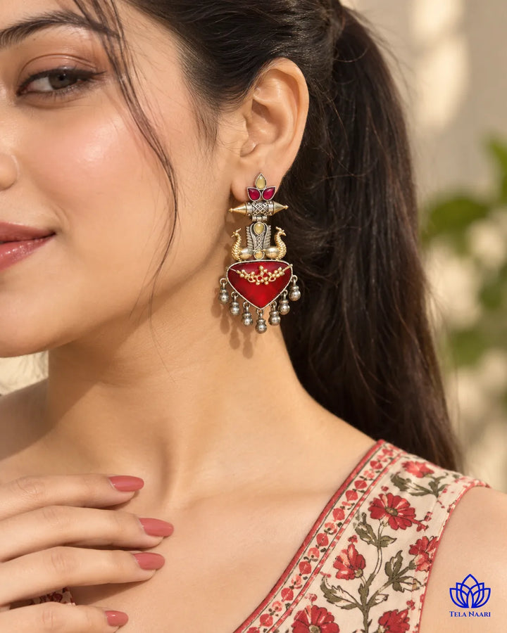 Dhruti Dual Tone Red Silver-Plated Earrings